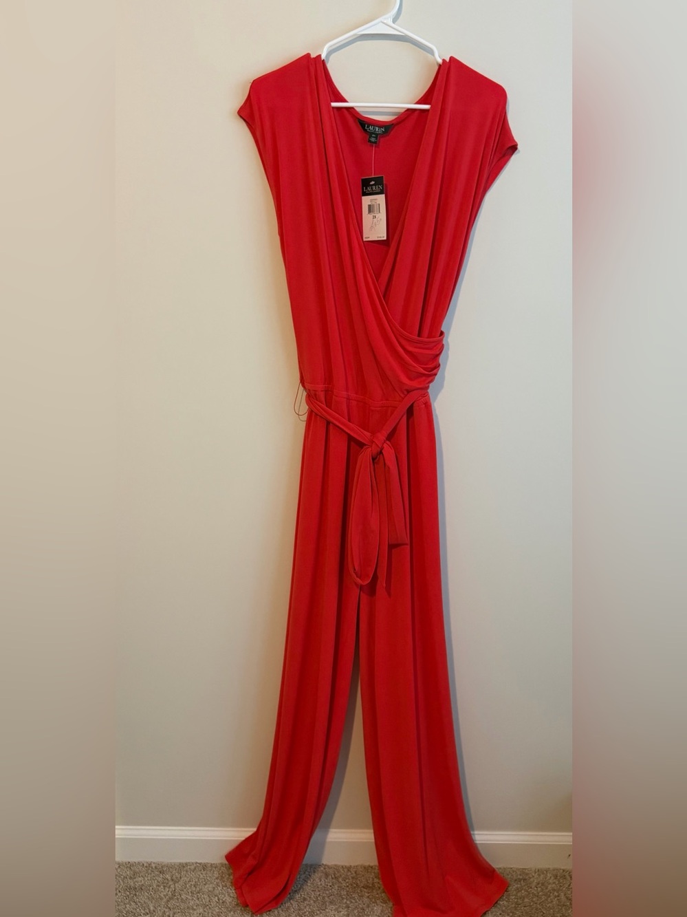 Lauren Ralph Lauren Black Label Jumpsuit Women 2X Coral Faux Wrap Wide Leg NWT